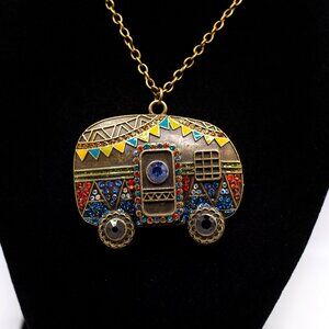 Handmade Brasstone Jeweled Mobile Home Camper Travel Trailer Necklace, New